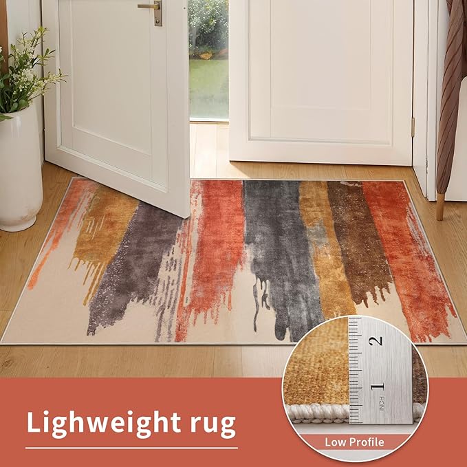 Ciicool Abstract Area Rug Indoor, 3x5 Washable Entryway Rug, Modern Soft Throw Rug with Non-Slip Backing Ideal for Bedroom Living Room Entrance Kitchen, Low-Pile Floor Carpet Doormat Red Yellow Grey