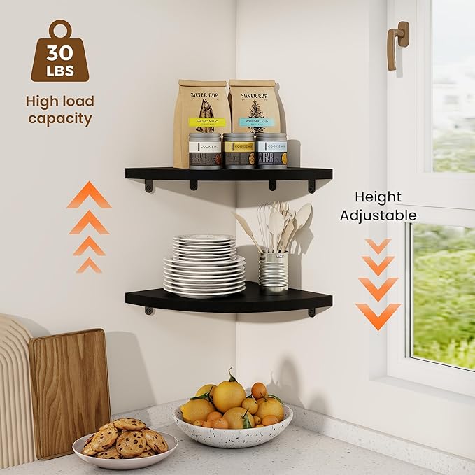 Fun Memories Corner Shelf Wall Mount, Solid Oak Wood Floating Corner Shelves with Cable Hole, 10in Rustic Design for Bedroom, Bathroom, Kitchen, Living Room (Black, 1 Pack)