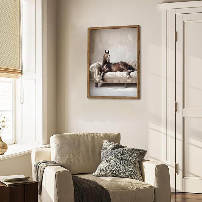 Framed Funny Horse Canvas Wall Art, Vintage Western Brown Horse On Sofa Pictures Wall Decor, Rustic Farmhouse Animal Paintings Prints for Living Room Bedroom Office Dorm 12x16 inch