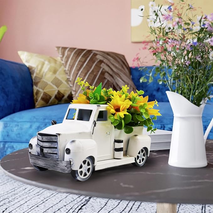 Sunflower Metal Truck with Artificial Flower Vintage Farm Pickup Farmhouse Tabletop Tiered Tray Decor, Rustic Farmhouse Decor for Table Top Decor Home Kitchen(White)
