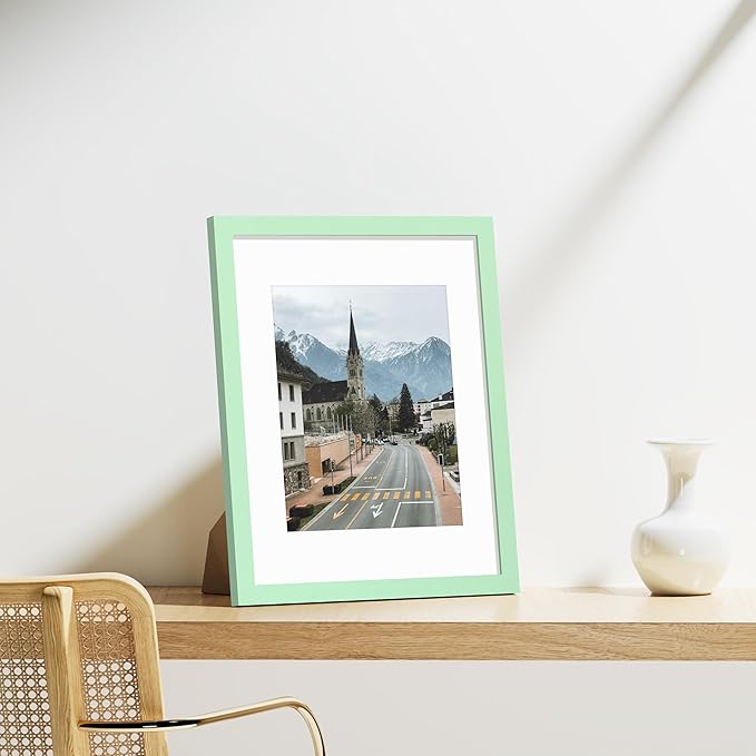 Vittanly 11x14 Picture Frames Set of 9, Shatter Resistant Plexiglass, Display 8x10 Pictures with Mat or 11x14 without Mat, Photo Frames for Wall or Tabletop, Engineered Wood, Light Green