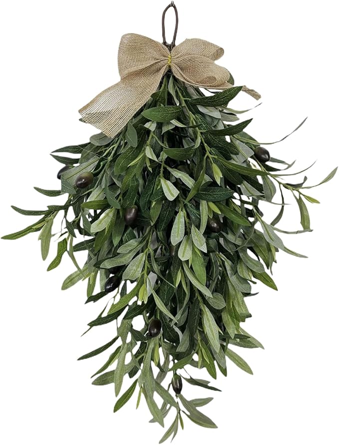 Olive Teardrop Swag – Holiday Artificial Olivee Dangling Ornament with Bow | 60cm/23.62 Inch Green Olive Swag Wreath for Wedding, Birthday, Party, Festival, Christmas, Home Decoration