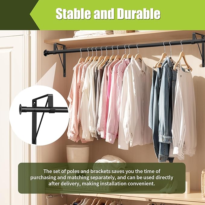 Closet Rod, 17 to 51 Inch Clothes Rods 1.3 Inches Heavy Duty Adjustable Closet Pole for Hanging Clothes and Heavy Duty Hanging Clothes Rod Bracket Closet Pole Support (Black)