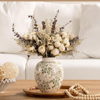 Ceramic Rustic Vase, Green and Beige Flower Vintage Decorative Vase Chinoiserie Decor Rustic Farmhouse Retro Floral Vases for Table Bookshelf Mantel Kitchen Living Room Office- 7.8inch