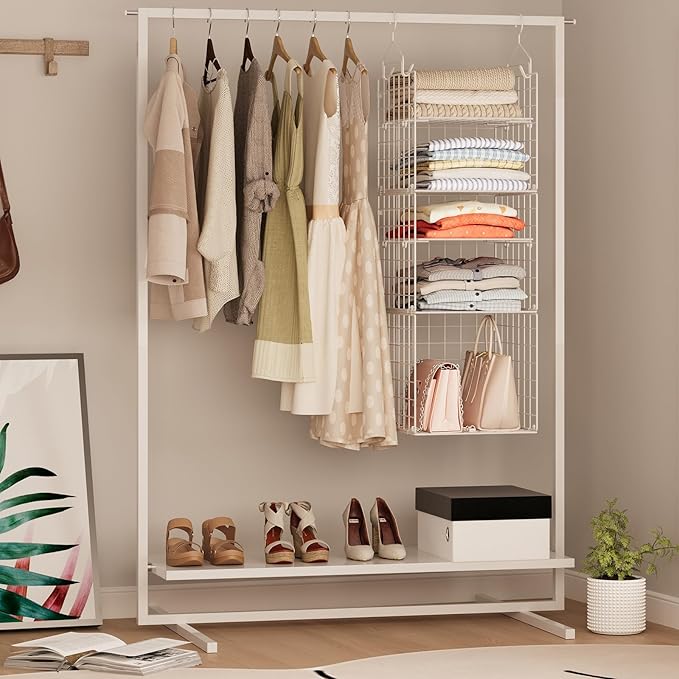 X-cosrack Closet Hanging Organizer and Storage - 5 Tier Hanging Shelves, Wire Closet Shelf Organizer Basket with Adjustable Dividers for Home Clothing Sweaters Shoes Handbags