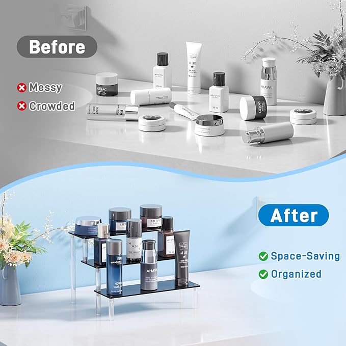 2 Packs Acrylic Display Stand Riser,3 Tier Perfume Organizer Cupcake Stand Acrylic Pop Shelves Holder,Black Desk Display Shelf for Figure,Trinket,Collectibles,Dessert Tray Stands for Party Decor-7.9in