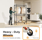 Heavy Duty Rolling Garment Rack 3 Tiers Adjustable Wire Shelving Clothes Rack with 2 Rods and Side Hooks,Storage Closet Clothing Rack with Wheels Black 15.7" D x 29.5" W x 74.5" H