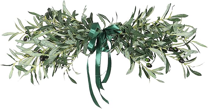 35.4inch Artificial Olive Leaves Swag, Spring Olive Door Swag with Fruit and Bow, Greenery Plants Swag Floral Garland for Front Door Garden Decor