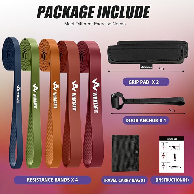 WHATAFIT Resistance Bands,Pull Up Assist Bands Set with Handles, Exercise & Workout Bands with Door Anchor for Men & Women – Home Fitness Equipment for Strength Training, Stretching
