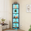 6-Tier Corner Shelf with LED Lights - 65" Tall Narrow Bookshelf, Standing Shelf with Storage Rack, Sturdy Metal Frame & Waterproof Shelves, Rustic Brown, for Living Room/Bedroom/Bathroom