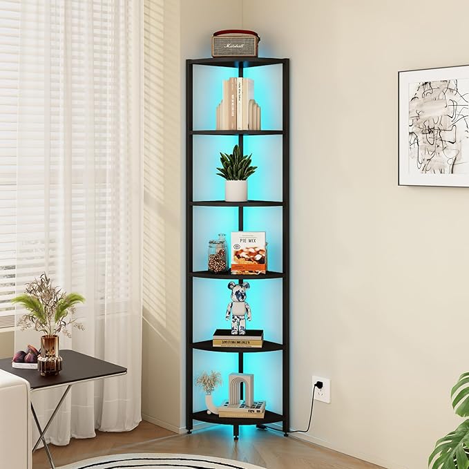 6-Tier Corner Shelf with LED Lights - 65" Tall Narrow Bookshelf, Standing Shelf with Storage Rack, Sturdy Metal Frame & Waterproof Shelves, Rustic Brown, for Living Room/Bedroom/Bathroom