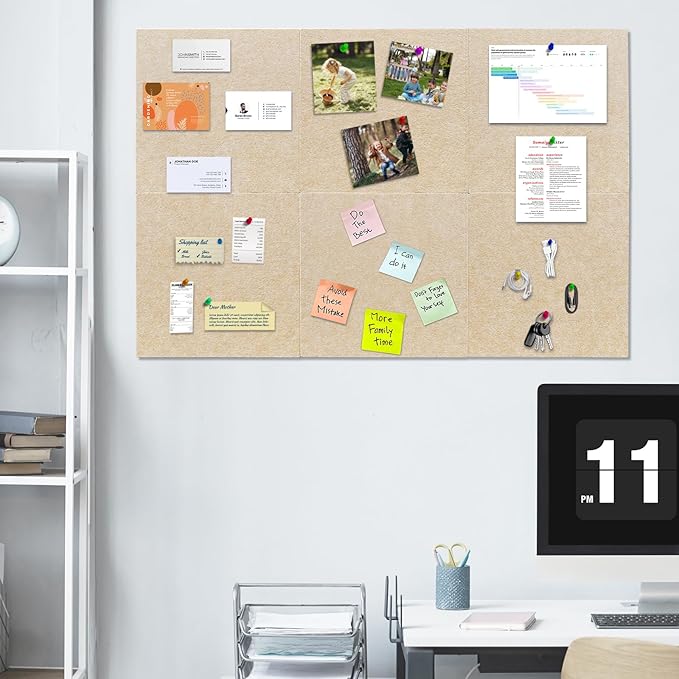 6 Pack Cork Board Felt Bulletin Board with 60 Push Pins, 1/2" Thick Pinboard Square Tiles for Wall Organizer - Home Office Classroom Decor, Photo Display, Memo Board (11.8"x11.8"- Beige)