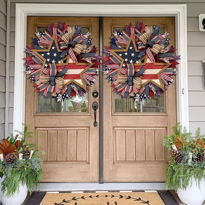 Patriotic Wreaths for Front Door, New 250th Anniversary Decorations, 4th of July Decorations Outdoor, Handcrafted Memorial Day Wreaths, Festival Celebration USA Flag Printed Wreath (B)