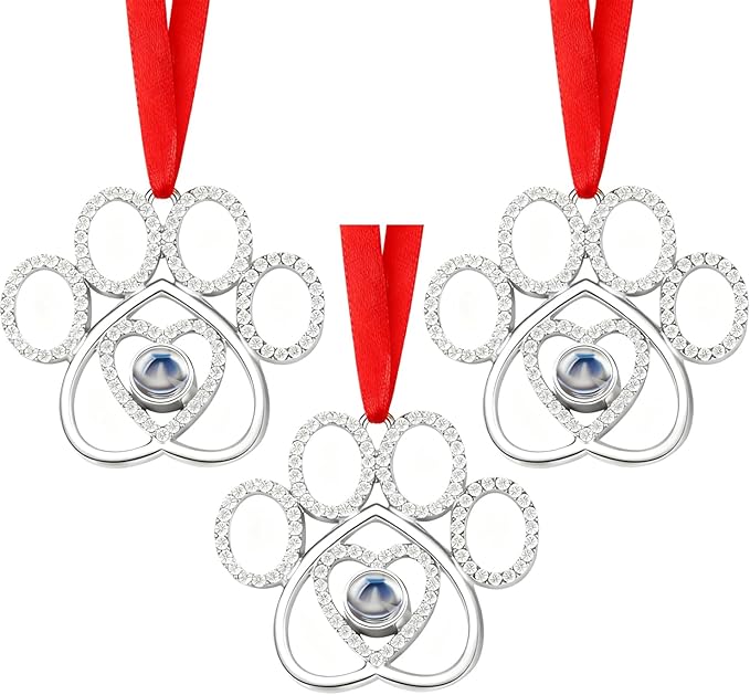 Set of 3 Christmas Hanging Ornaments - Silver Pawprint Christmas Ornaments Tree Decor for Xmas Tree Gift Decorative Hanging Ornaments Hanging Pendants (3, Silver Pawprint)