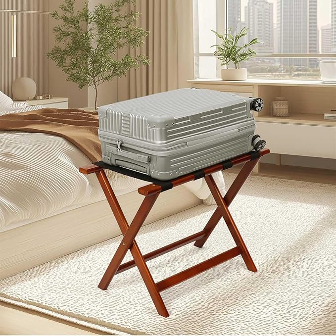 LZMS Walnut Wood Folding Luggage Rack 24.75" x 14.25" x 19.75",Luggage Stand for Guest Room,High-end Hotels, Resorts & Home | Premium Walnut Finish
