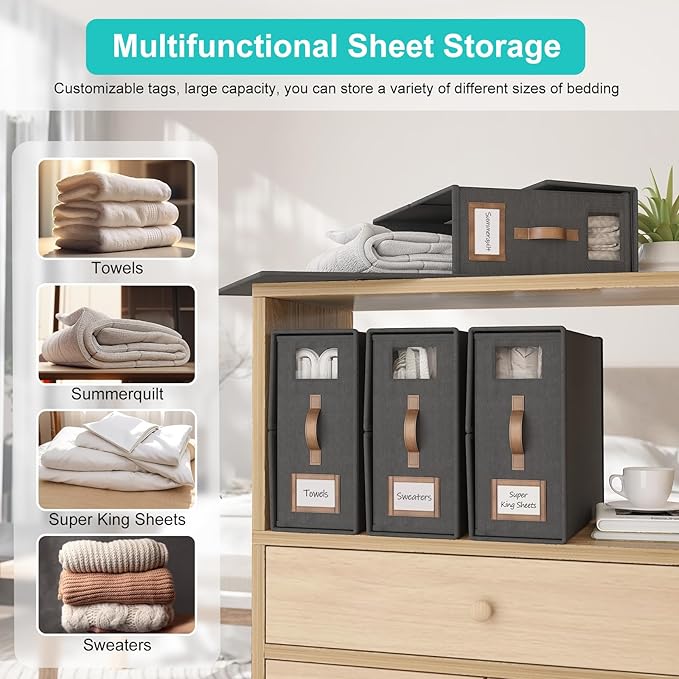 8 Pack Foldable Bed Sheets Set Organizers and Storage(Cal King Size),Linen Fabric Closet Organizers with Window,Folding Bedding Storage Box for Bedsheets and Pillow Cube Organizer-Black