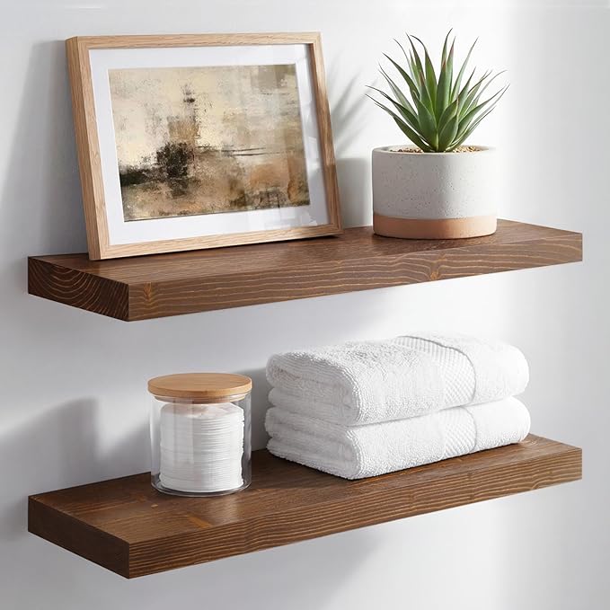 Homeforia Classic Walnut 20 inch Floating Shelf, High End Solid Real Wood Small 20inch Floating Shelves for Wall Mounted, 20in Floating Shelves, Heavy Duty Bracket, 20 X 6.5 X 1.75 inches, Set of 4
