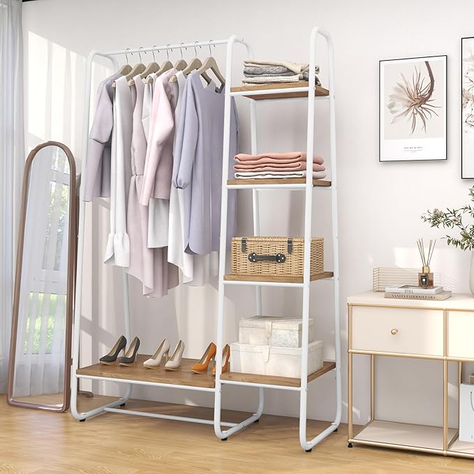 Tangkula Garment Rack with Shelves, Clothes Rack with 5 Shelves & Hanging Bar, Open Wardrobe for Hanging Clothes and Storage, Free Standing Closet Organizer, Clothing Rack for Bedroom Entryway