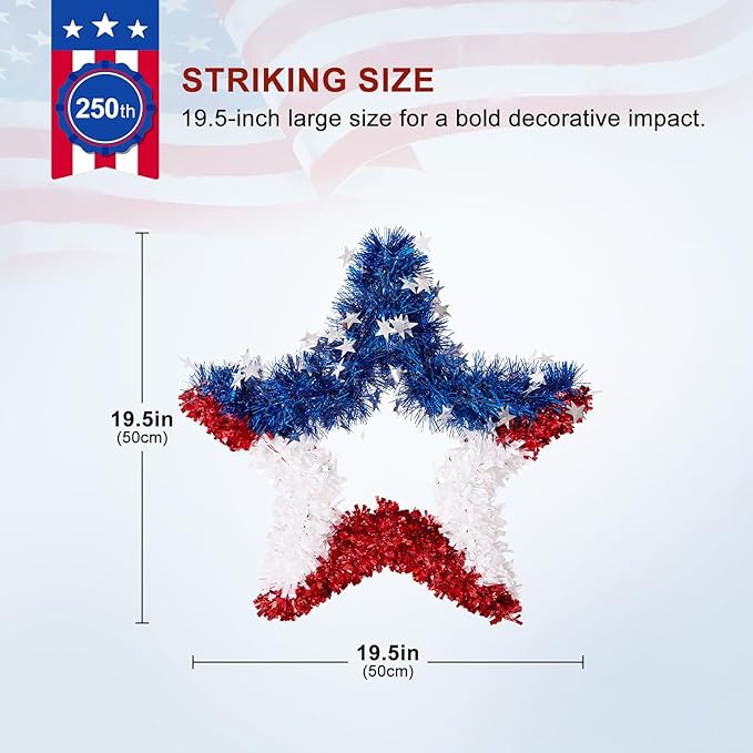 VeriNatural 4th of July Decorations - 19.5in Patriotic Red White and Blue Star Wreath - Independence Day Tinsel Wreath for Indoor Outdoor,Golf Cart, Party,Door and Wall Hanging Decor