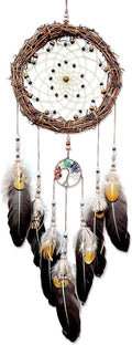 Tree of Life Dream Catcher, Handmade Woven Traditional Craft Rattan Dream Catchers Wall Hanging Ornament,7 Chakras Crystal Healing Stones Art for Bedroom Decor, Festival Blessing Gift (Dark Brown)