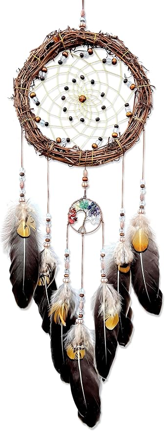 Tree of Life Dream Catcher, Handmade Woven Traditional Craft Rattan Dream Catchers Wall Hanging Ornament,7 Chakras Crystal Healing Stones Art for Bedroom Decor, Festival Blessing Gift (Dark Brown)