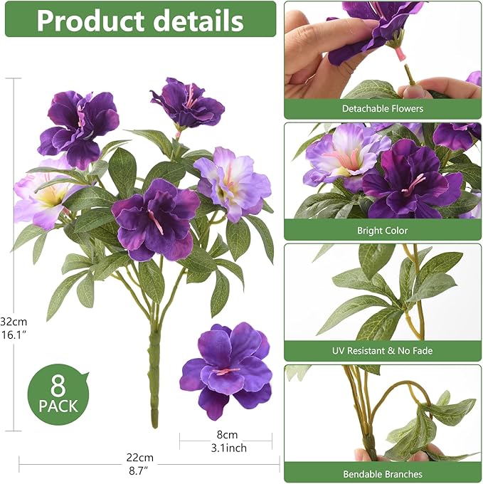 Artificial Fake Flowers for Outdoor, 8 Bundles Faux Plants Silk Flowers Spring Decoration UV Resistant No Fade Plastic Flowers for Outside Planters Home Porch Patio Yard Garden Decor