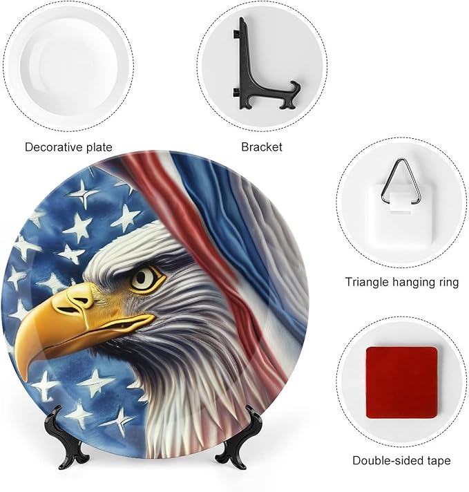 Decorative Plates for Home Decor, Eagle and American Flag Patriotic Decor Tray for Table Display, Ceramic Dinner Plate w/Stand, Living Room Dining Room Decor, Housewarming Gifts, 10 Inch