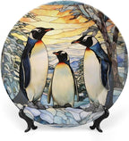 Penguins Family Snowy Forest Stained Glass Painting Decorative Plates Home Decor Ceramic Plates, Dinner Plates Display for Kitchen, Hallway Console Side Table, Presents for Penguin Lovers, 10 Inch