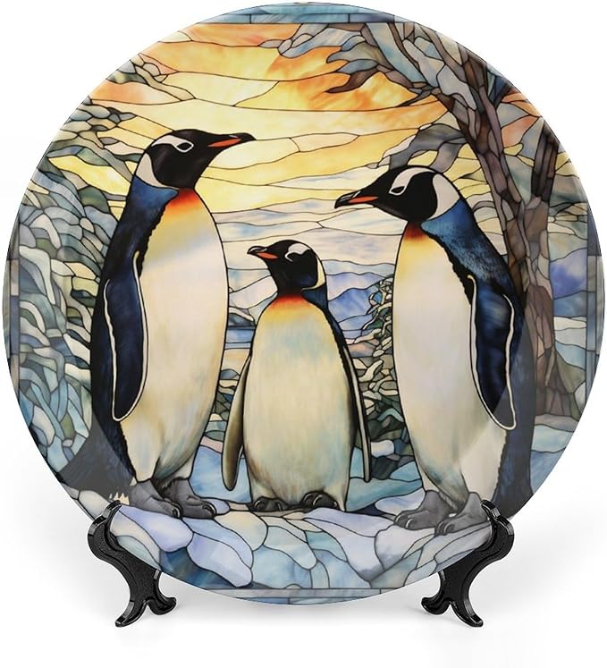 Penguins Family Snowy Forest Stained Glass Painting Decorative Plates Home Decor Ceramic Plates, Dinner Plates Display for Kitchen, Hallway Console Side Table, Presents for Penguin Lovers, 10 Inch