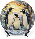 Penguins Family Snowy Forest Stained Glass Painting Decorative Plates Home Decor Ceramic Plates, Dinner Plates Display for Kitchen, Hallway Console Side Table, Presents for Penguin Lovers, 8 Inch