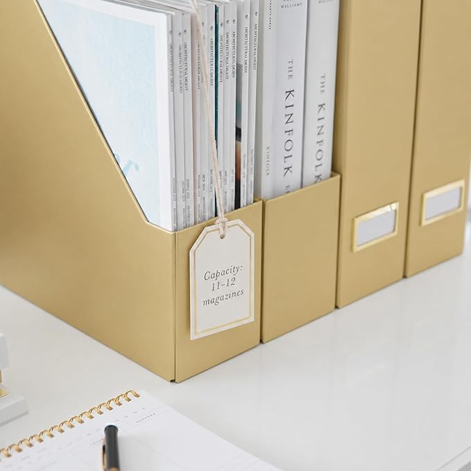 BLU MONACO | Gold Cardboard Magazine File Holder Set of 4 | Vertical Magazine File Holder for Shelves | Standing File Holder Desk Organizer