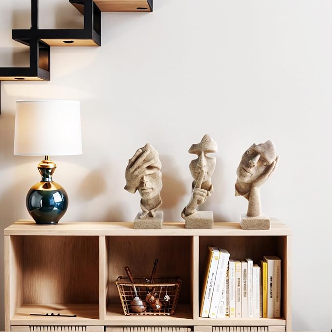 aboxoo Large Size 3 Pcs Thinker Statue, Silence is Gold, See No Evil Hear No Evil Speak No Evil Statues, Modern Resin Sculptures Decor for Living Room, Home, Office Study (Sandy)