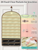 MATEIN Over the Door Jewelry Organizer with Travel Pouch, Double-Sided Hanging Necklace Earring Holder with Pockets, Large Jewelry Storage for Rings Bracelets, Beige-Brown