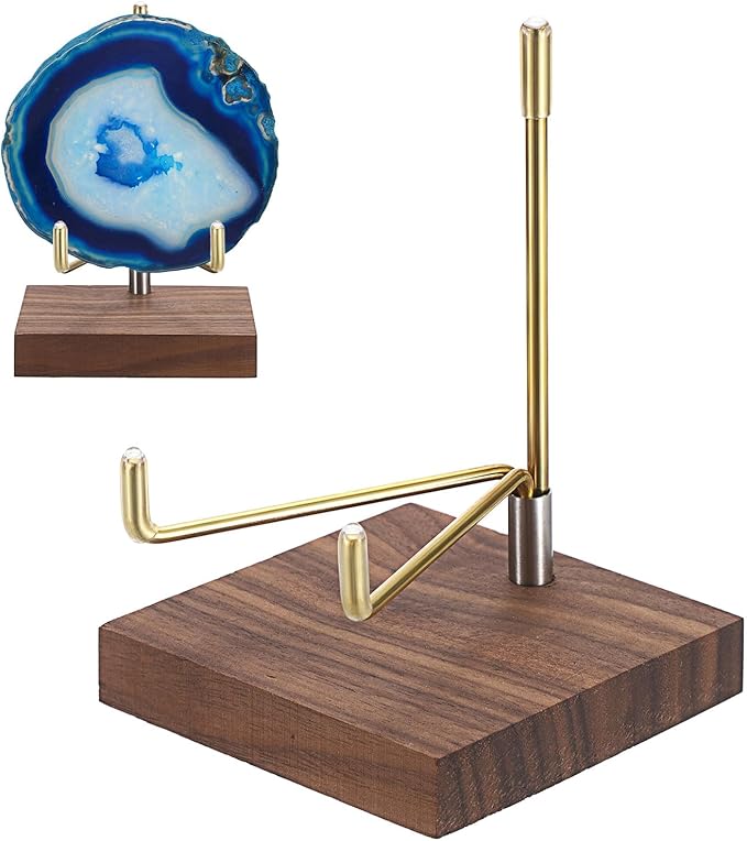 Hipiwe Adjustable Metal Arms Display Stand Easel with Wooden Base - Rocks Crystal Display Easel Holder for Mineral Agate, Gemstones, Fossils, Coral Geodes, Plate and Photo,3.1"x3.1"x4.6"