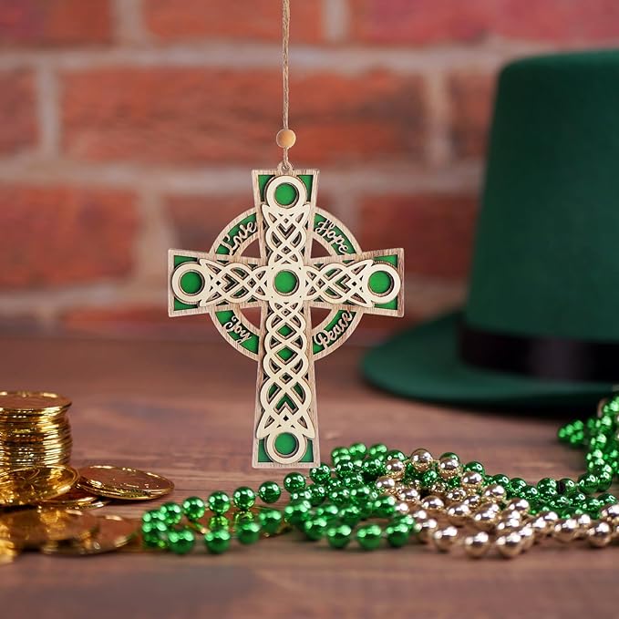 KOMI 7.2 Inch Celtic Wood Cross Irish Ornaments Christian Religious Christmas Wall Cross Hanging Ornaments Hope Peace Love Joy Carving Layered Cross Wooden Ornament