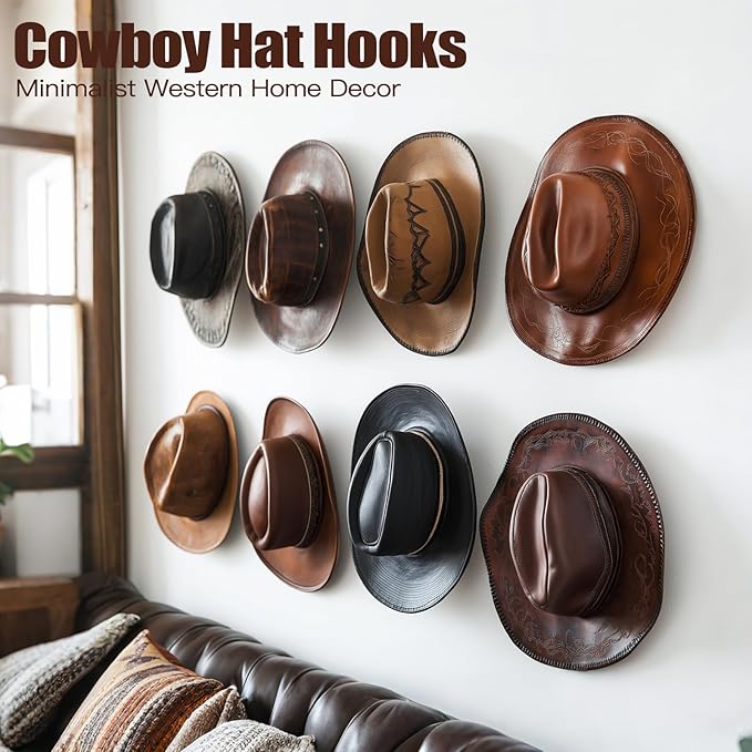 2.8 Inch Hat Hooks for Wall - (16 Pack) Cowboy Hat Rack, Strong Adhesive Cap Holder, Organizer for Baseball Caps, Western Room Decor - Black