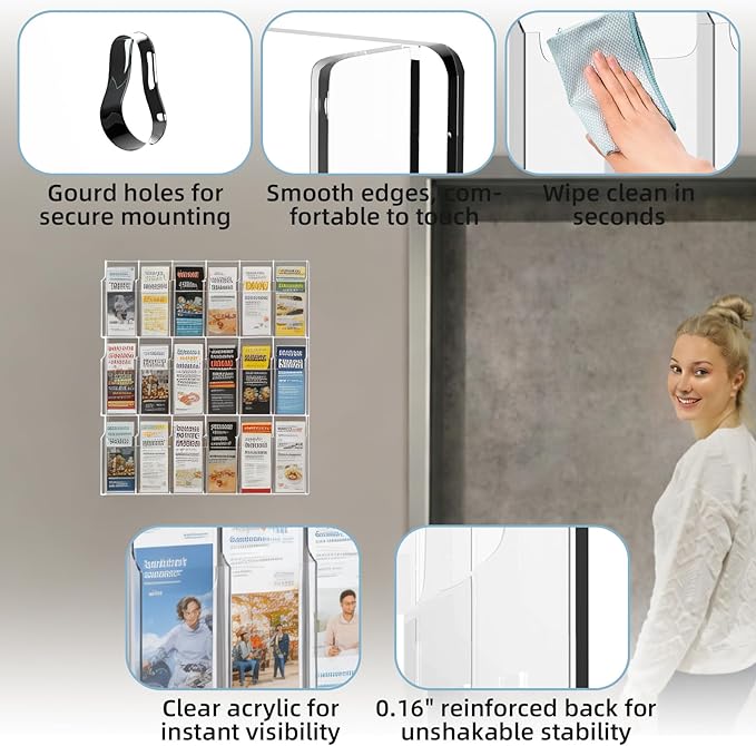 Acrylic Brochure Pamphlet Holder, 18 Pamphlet Holders, Clear Brochure Display Holder Wall Mount, Trifold Flyer Rack, Literature Storage Rack for Home, Offices, Waiting Room