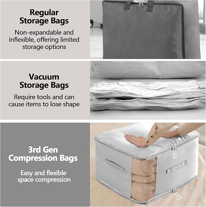 2 Pack Space Saving Comforter Storage Bag with Handle, 3-Layer Compression Blanket Storage Bags Adjustable In 3 Sizes (142L, 107L, 71L), Washable Bedding Organizer For Pillow Duvet Clothing Plush Toy