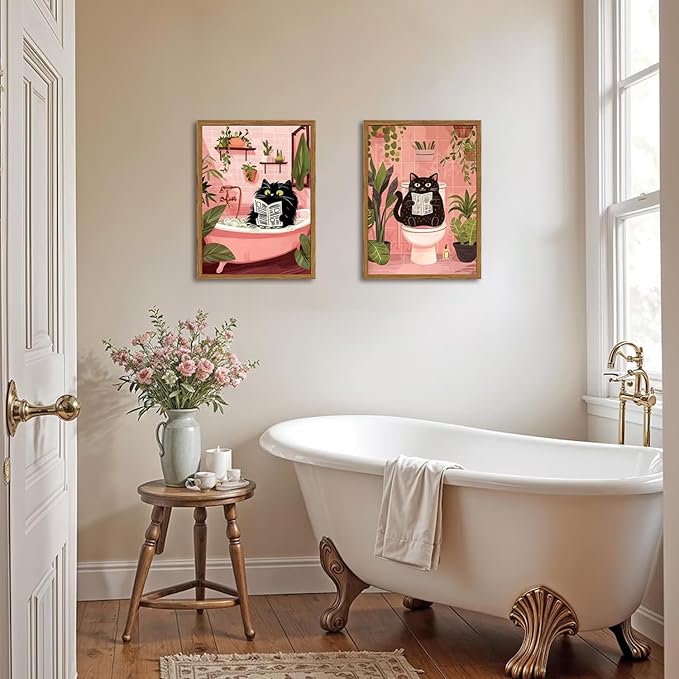 Framed Funny Bathroom Black Cat Canvas Wall Art Set of 2, Cute Cat Reading Newspaper on Toilet Pictures Wall Decor, Humor Animal in Bathtub Paintings Prints for Restroom 12x16 inch