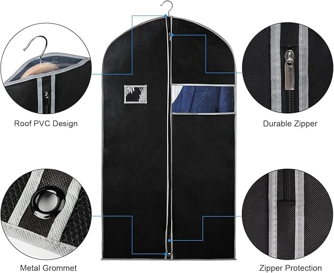 Syeeiex 40"Suit Bag, Set of 16 Garment Bags for Hanging Clothes, Suit Covers Bags for Men or Women, Garment Bags for Storage Suits, Shirts,T-shirts and Jackets on Closet(Black/Grey)