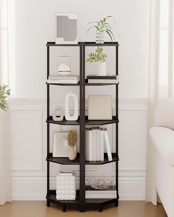 Hzuaneri Corner Shelf Stand, Corner Bookshelf, Storage Standing Shelf Unit with Metal Frame, Plant Stand, Bookcase for Living Room, Home Office, Bedroom, 5-Tier Black CS05906B