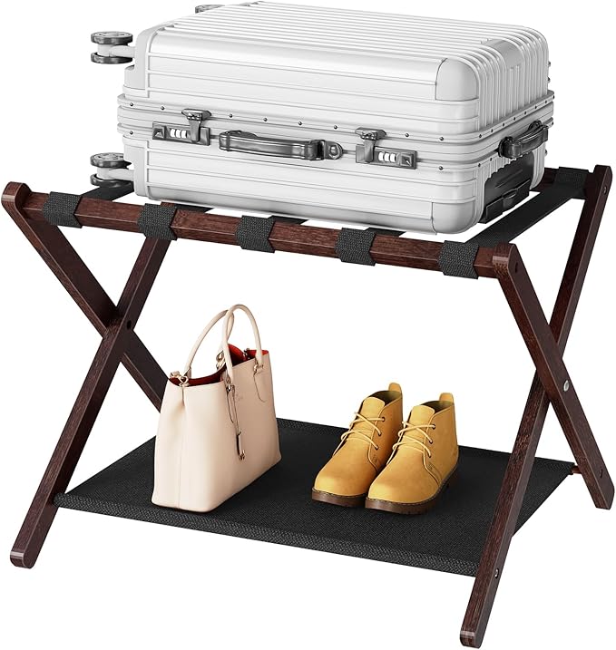 HOOBRO Luggage Rack, Bamboo Suitcase Stand, Folding Luggage Holder, with Nylon Straps and Oxford Fabric Shelf, for Guest Room, Hotel, Bedroom, Brown and Black BR17XL01G1