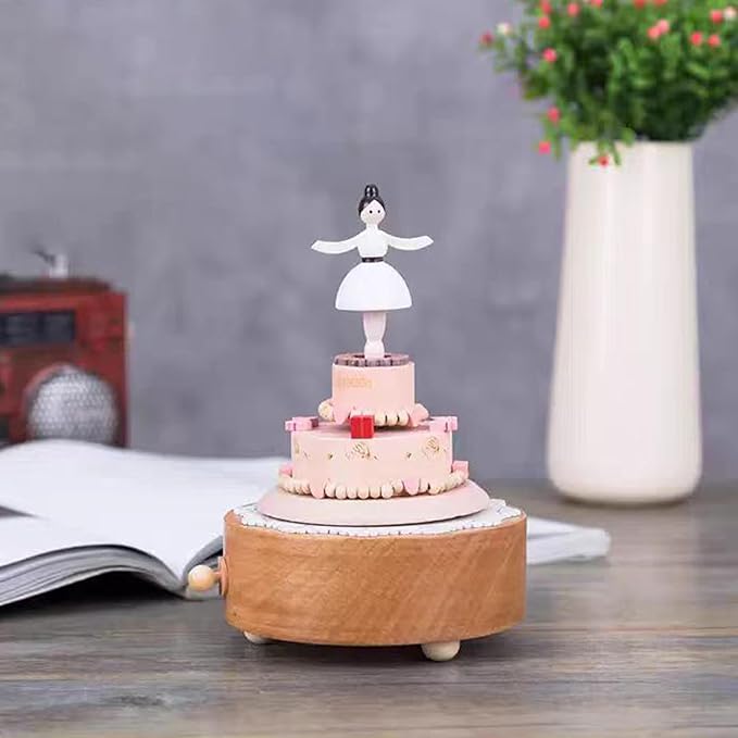 Natural Solid Wood Handcrafted Beech Wooden, Musical FigureTotoro/Carousel/Fairy/Ballerina Figurine,Rotating Hand Crank Mechanism Music Box,Musical Decorations (Lovely Girl's Birthday Cake)