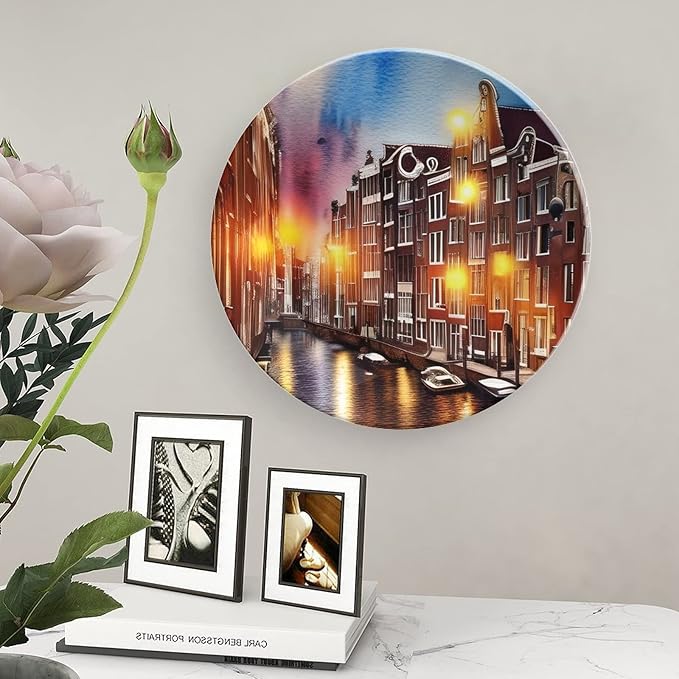 Decorative Plates for Wall Hanging, Grand Canal of Venice, Italy Colorful Painting Ceramic Plate, Wobble-Plate with Display Stand, Home Decor for Kitchen Cabinets, Farmhouse Round Tray 8 Inch