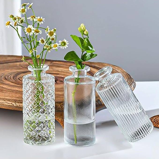 Brajttt Glass Bud Vase Set in Bulk, 9pcs Mini Vintage Flower Vases for Wedding, Clear Relief Vase for Centerpieces,Home Table Flower Decor, Party Decorations