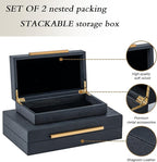 Set of 2 Black Shagreen Storage Boxes with Gold Metal Handles – Faux Leather Jewelry Organizer, Nesting Decorative Box for Photos, Memory Keepsake, Home & Office Decor