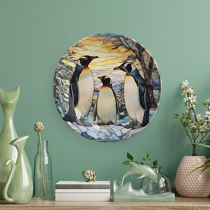 Decorative Plates, Penguins Family Snowy Forest Stained Glass Painting Ceramic Dinner Plate w/Display Stand, Wall Hanging Decor for Kitchen Household 6 Inch, Gifts for Penguin Lovers