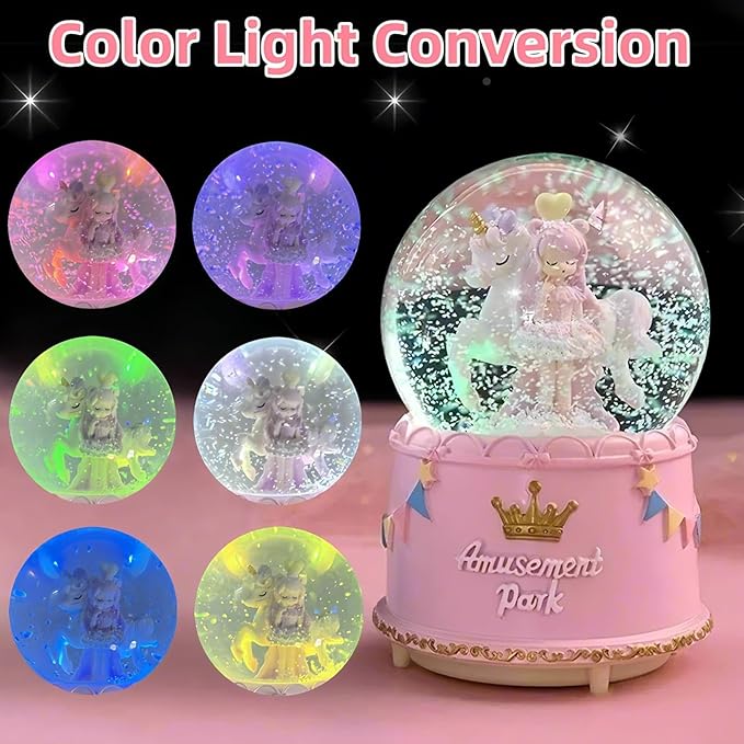 Unicorn Snow Globes for Girl,6.5IN Pink Music Snowglobes with LED Lights and Automatic Snowfall,Home Decor Glass Ball for Kids Bedroom Birthday for 5-18 Year Old Girl(6.5x4.1IN