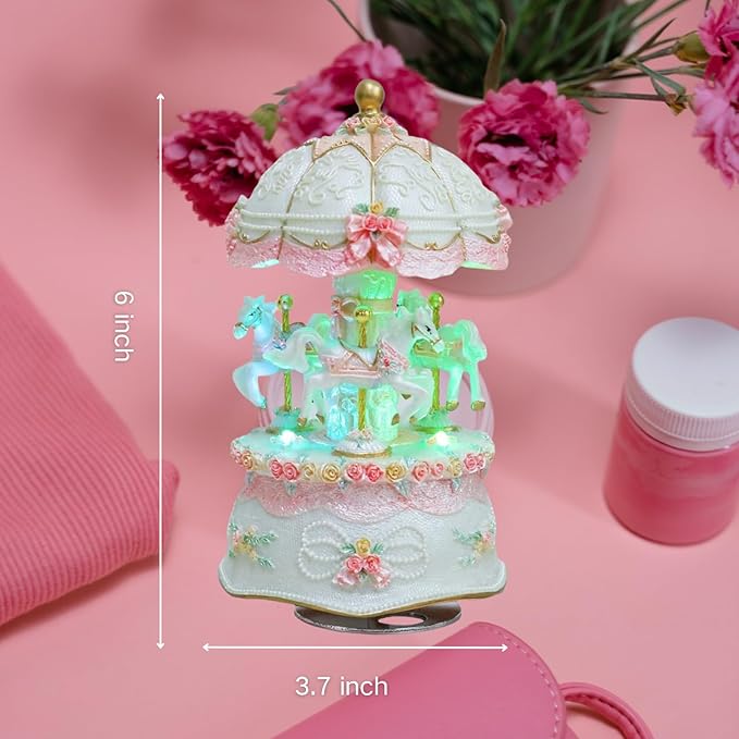 Carousel Music Boxes for Women: 3-Horse Luminous Rotating Musical Boxes Gifts - Color Change LED Lights Musical Gift for Birthday Christmas Pink Music Box