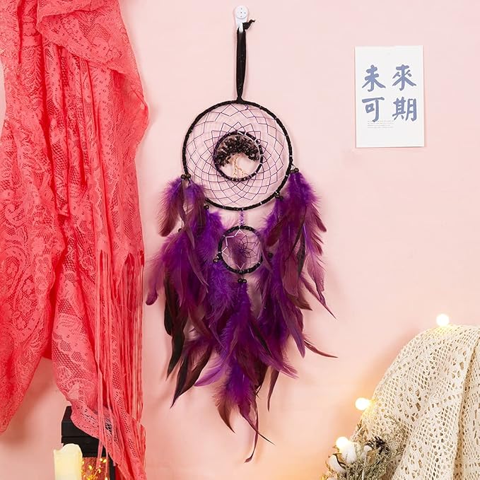Dream Catcher, Handmade Dreamcatcher with Healing Crystal Stone, Tree of Life Dream Catchers Hanging Ornament for Home Bedroom Birthday Party, Perfect Craft Gift for Kids… (Purple)